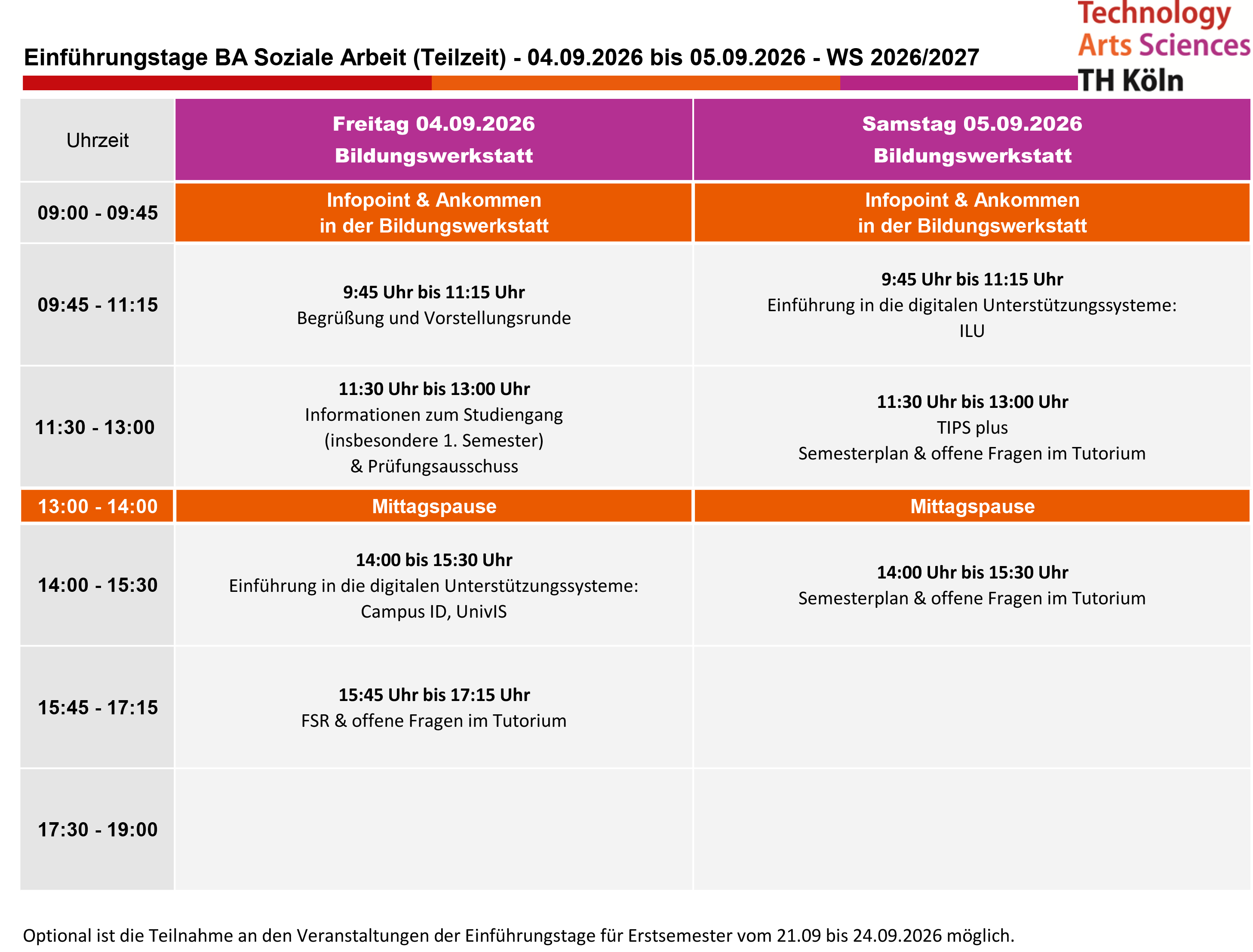 Bild der tabellarischen Darstellung der Einführungstage für den BA Soziale Arbeit - Teilzeit an der F01,
Alternativ steht auch ein PDF zum Download bereit