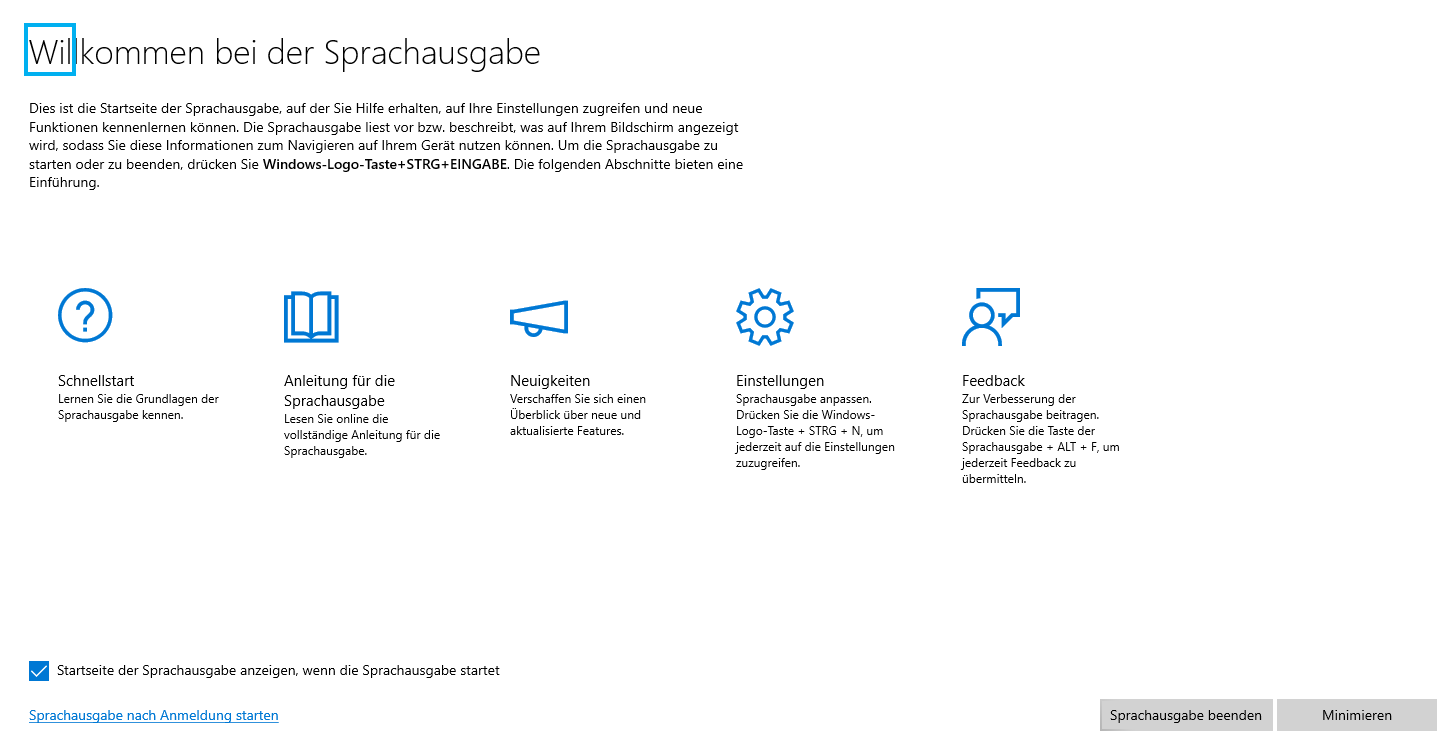 Screenshot der Startseite der Windows-Sprachausgabe