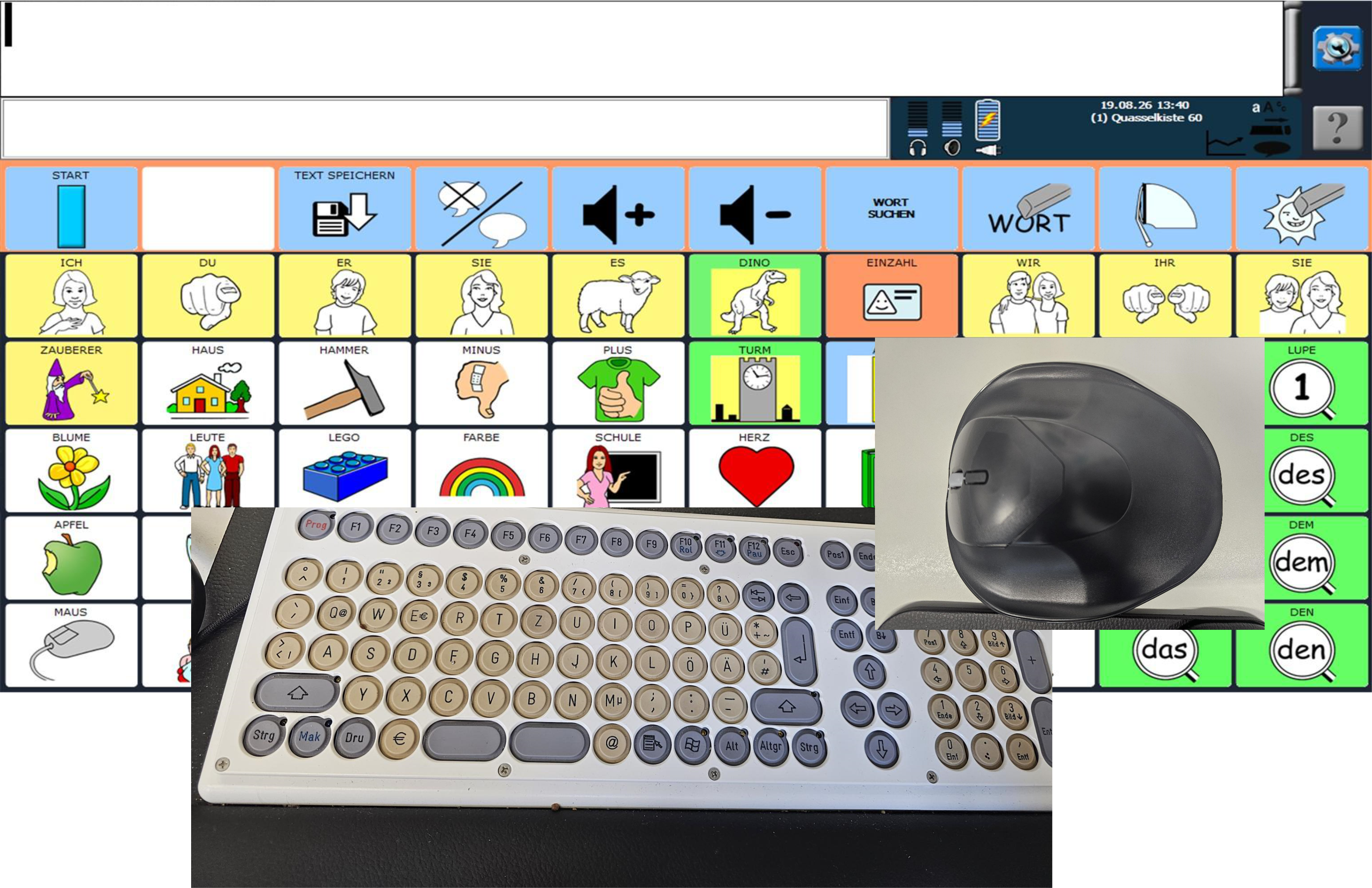 Collage eines Touchpads mit Symbolen, einer speziellen Computer-Maus und einer speziellen Tastatur