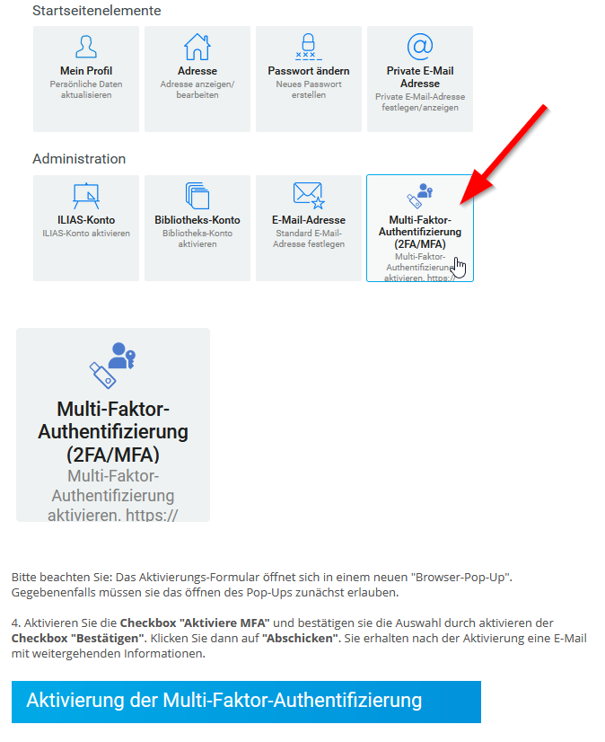 Screen-Shot Campus ID-Center Multi-faktor-Authentifizierung