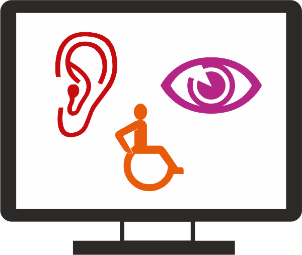 Schmückendes Element: Monitor mit den Symbolen Ohr, Auge, Rollstuhl